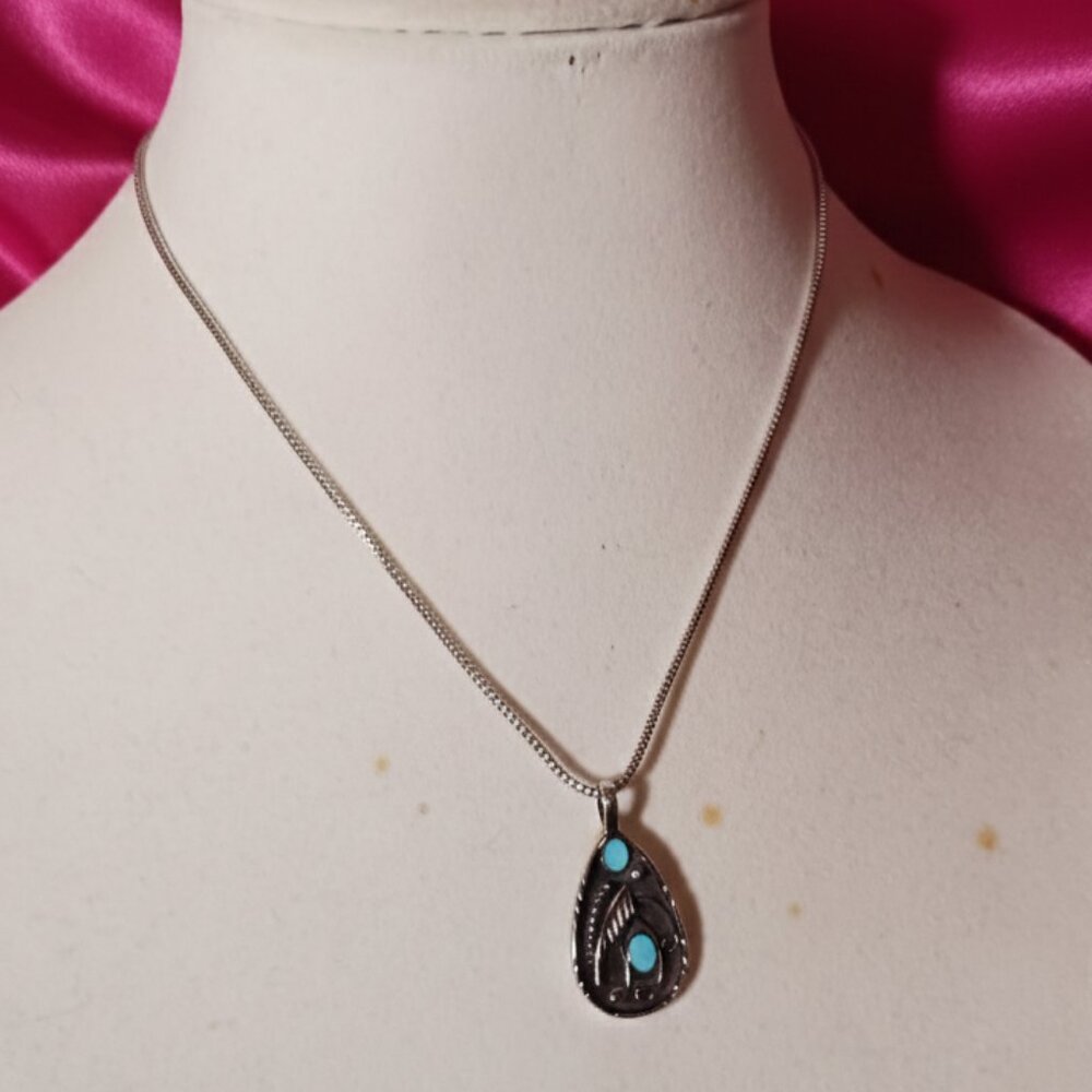 Boho Western Feather Teardrop Leaf Turquoise Silver Pendant Necklace NWOT - Picture 5 of 8
